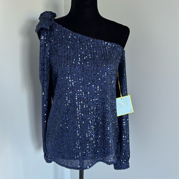 New, CeCe navy blue sequin off shoulder bow top. Size M. - Picture 2 of 4